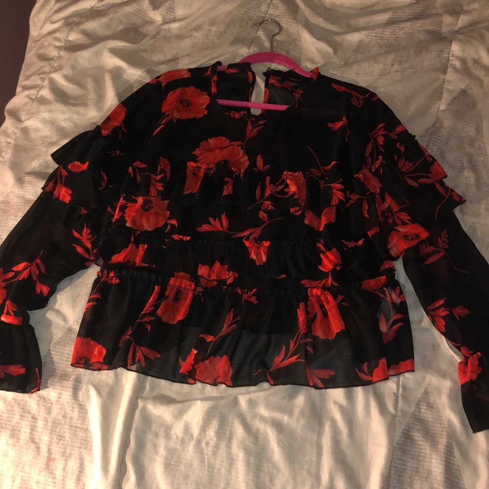Sheer black & red rose top